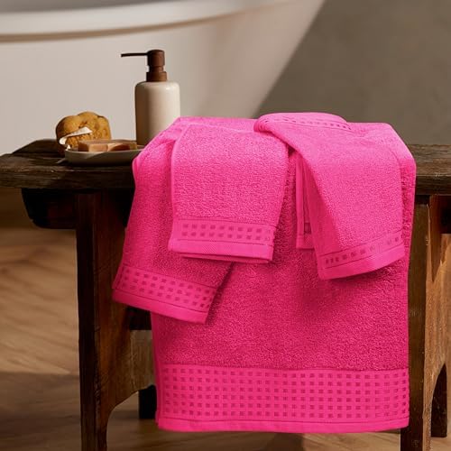 GLAMBURG Ultra Soft 3 Pack Cotton Towel Set, Contains a Bath Towel 28x55 inch, a Hand Towel 16x24 inch & a Wash Coth 12x12 inch, Ideal Everyday use, Compact & Lightweight - Hot Pink