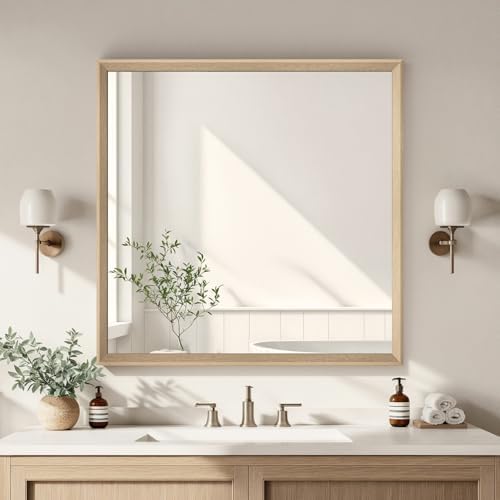 Oak Wood Effect Framed Wall Mirror, 36x36 Rectangle Mirror