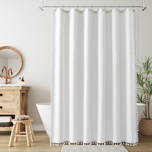 Nanspring Beige White Boho Linen Shower Curtain 78 Inch Long Weighted Tassel Chic Fancy Vintage Country Fabric Shower Curtain Set with Hooks Modern Neutral Decorative Bath Accessories Decor 72x78