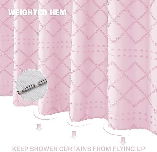 Siiluminisoy Extra Long Pink Boho Shower Curtain Woven Fabric Cute 84 Inch Shower Curtain, 72 x 84 Tufted Chevron Textured Striped Modern Farmhouse Minimalist Cloth Shower Curtain for Bathroom