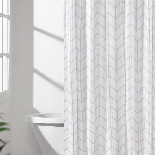 Amazon Basics Bathroom Shower Curtain, Water Resistant Fabric with Weighted Hem, Rust Resistant Grommets & Hooks, Machine Washable, 72"x72", Natural Herringbone