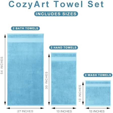 COZYART Bath Towel Set 6 PCS, Sky Blue 100% Turkish Cotton 650GSM Soft