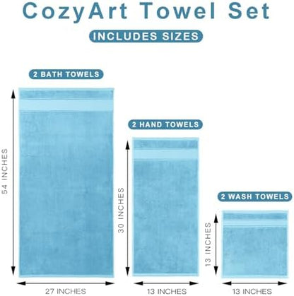 COZYART Bath Towel Set 6 PCS, Sky Blue 100% Turkish Cotton 650GSM Soft
