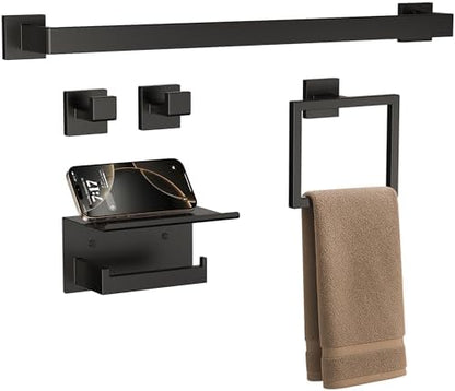 5-Piece 23.6 Inch Matte Black Bathroom Accessories Set, Bathroom Hardware Set, Stainless Steel Bath Towel Bar Set, Toilet Paper Holder with Shelf, Towel Hooks, Towel Ring Wall Mounted