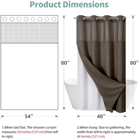 eachope No Hook Waffle Shower Curtain with Snap-in Liner, 54x80 Inch, Brown