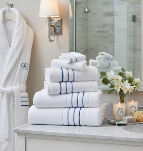 Bath Towels Set for Bathroom – Luxury 6-Piece Cotton Towels, Soft Absorbent & Quick Dry, 600 GSM Bath Towels for Bathroom, Hotel Spa Quality (White/Blue Azure, 6- Bath Towel Set)