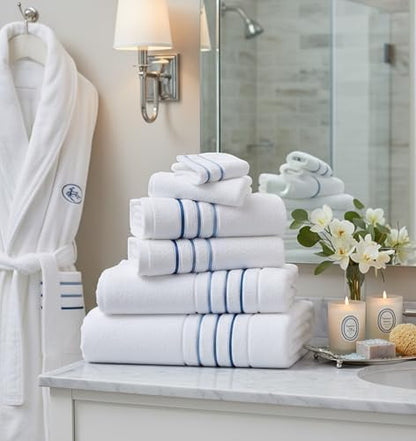 Bath Towels Set for Bathroom – Luxury 6-Piece Cotton Towels, Soft Absorbent & Quick Dry, 600 GSM Bath Towels for Bathroom, Hotel Spa Quality (White/Blue Azure, 6- Bath Towel Set)