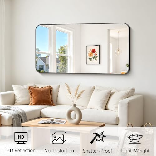 FORBATH Bathroom Mirror 30" x 55", Large Rectangular Wall Mirror with Black Aluminum Frame Rounded Corner, Wall Mounted Mirror for Bathroom Bedroom Entryway Living Room