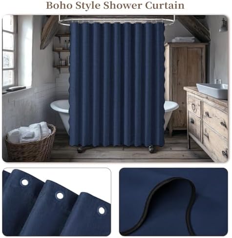 BTTN 108x72 Boho Scalloped Linen Textured Cloth Shower Curtain, Navy Blue