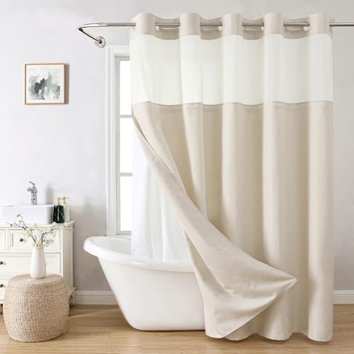 eachope No Hook Linen Texture Shower Curtain with Snap-in Liner,71x92 Cream
