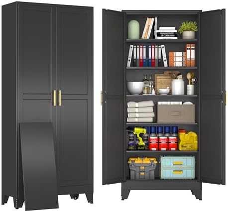 75" Black Metal Storage Cabinet with 2 Doors and 5 Adjustable Shelves,Steel Garage Tool Cabinet, File Cabinet,Kitchen Pantry Cabinet for Home,Office,Garage,School,Warehouse
