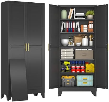 75" Black Metal Storage Cabinet with 2 Doors and 5 Adjustable Shelves,Steel Garage Tool Cabinet, File Cabinet,Kitchen Pantry Cabinet for Home,Office,Garage,School,Warehouse
