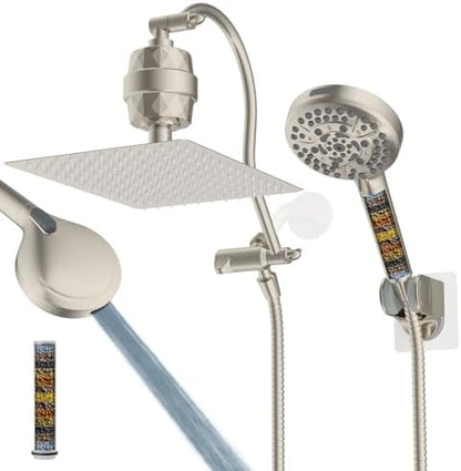 Hibbent All Metal 12'' Filtered Rainfall Shower Head Combo, High Pressure Handheld Shower Head with 12'' Adjustable Curved Extension Arm, 20 Stage Shower Filter, 10-spray, 71'' Hose, Brushed Nickel