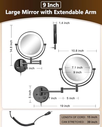 ALHAKIN 9" Wall Mounted Lighted Makeup Mirror, Large Double Sided 1X/10X Magnifying Mirror with 3 Color Lights Dimmable, 360° Rotation, Black