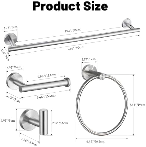 5 Pieces Brushed Nickel Bathroom Hardware Accessories Set SUS304 Stainless Steel Towel Bar Holder Set, 23.6Inch Towel Racks for Bathroom, Robe Towel Hooks, Toilet Paper Holder Wall Mounted