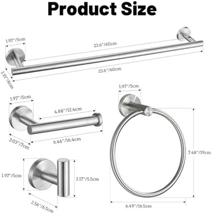 5 Pieces Brushed Nickel Bathroom Hardware Accessories Set SUS304 Stainless Steel Towel Bar Holder Set, 23.6Inch Towel Racks for Bathroom, Robe Towel Hooks, Toilet Paper Holder Wall Mounted