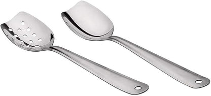 IMEEA 10 Inch Flat Bottom Scraping Cooking Spoon Set of 2, 18/8 Stainless Steel Slotted & Solid Stirring Spoon, Flat Edge Kitchen Spoon for Stir Fry, Sauce, Soup, Instant Pot
