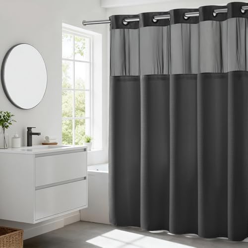 River Dream Waffle No Hook Shower Curtain with Liner,Graphite Grey,71x74