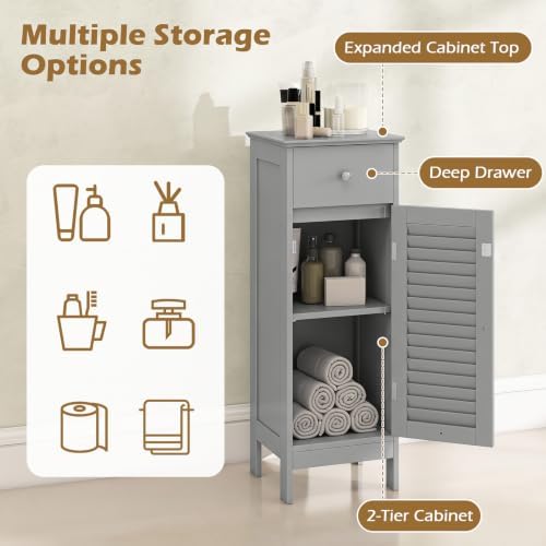 GIANTEX Bathroom Floor Storage Cabinet with Louvered Door and Drawer, Grey