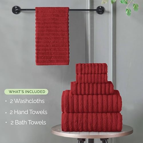 Elegant Comfort 100% Turkish Cotton Corduroy Ribbed Luxury Bath Towels 6-Piece Set, Premium Feel - Quick Dry, Highly Absorbent, Contains 2 Bath Towels, 2 Hand Towels, and 2 Washcloths, Burgundy