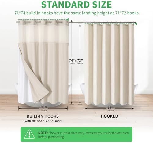 Eachope No Hooks Polyester Textured Shower Curtain with Snap-in Fabric Liner Set, Hotel Luxury Decor Shower Curtains for Bathroom with See Through Top Window, Waterproof & Washable, 71Wx74H, Cream