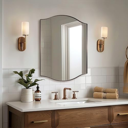 ANDY STAR 24"x32" Bronze Bathroom Mirror, Rectangle Scalloped Wall Mirror in Stainless Steel Metal Frame, Modern Brushed Bronze Finish with Curved Edge Design, Wall-Mount Mirror for Bathroom, Entryway