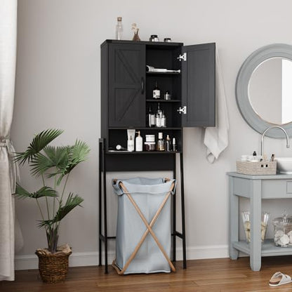 Vabches Over The Toilet Storage Cabinet with 2-Door Design Bathroom Organizers and Storage with Anti-Tip Device Over Toilet Organizer with Shelves for Bathroom,Restroom,Laundry Black