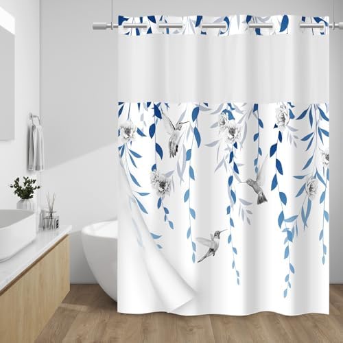 WITHLOC No Hook Floral Shower Curtain with Liner, Blue Grey, 71x74