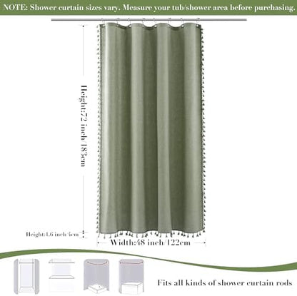 Nanspring Stall Sage Green Boho Linen Shower Curtain 48 Inch Elegant Fancy Tassel Farmhouse Fabric Shower Curtain Set with Hooks Modern Country Decorative Bath Curtain for Bathroom 48x72, Green