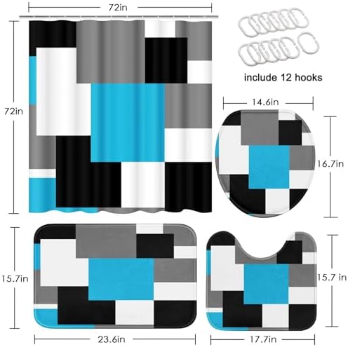 Bathroom Sets with Shower Curtain and Rugs, 4 Pcs, Blue Geometric