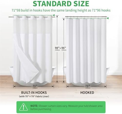 eachope No Hook Linen Texture Shower Curtain with Snap-in Liner,71x98 White