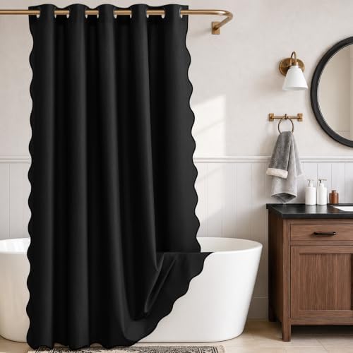 Furlinic No Hook Scalloped Linen Black Shower Curtain 72x78 Waterproof Tall
