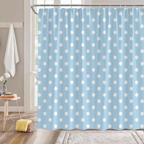 Polka Dot Shower Curtain Light Blue White Retro Spot Vintage Fabric Decorative Bathroom Curtains with Hooks,60" Wx70 H