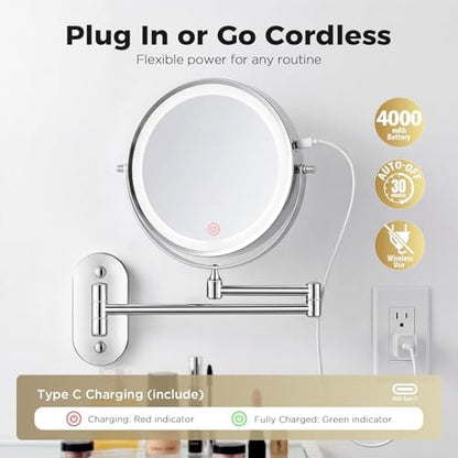 Wall Mounted Makeup Mirror, 8 Inch, 1X/30X, Rechargeable 4000mAh