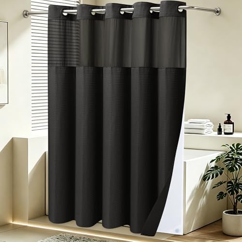 SORTTO No Hook Waffle Shower Curtain with Snap in Liner Set, 48x74, Black