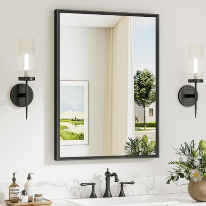 Keonjinn 24 x 32 Inch Matte Black Bathroom Mirror, Aluminum Metal Frame