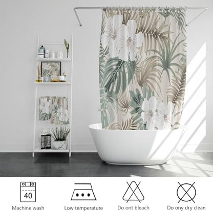 Tropical Shower Curtain for Bathroom, Green Palm Tree Flower Plant Boho Leaf Banana Monstera Sage Beige Shower Curtains Set, Fabric Bathroom Accessories with Hooks