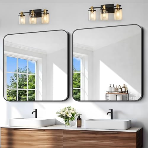 Black Bathroom Mirror, 38x40 inch Aluminum Metal Frame Rectangular Vanity Mirror, Large Wall Mounted Rectangle Mirrors with Rounded Corner for Over Sink Bedroom Living Room Horizontal/Vertical