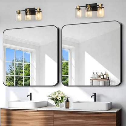 Black Bathroom Mirror, 38x40 inch Aluminum Metal Frame Rectangular Vanity Mirror, Large Wall Mounted Rectangle Mirrors with Rounded Corner for Over Sink Bedroom Living Room Horizontal/Vertical