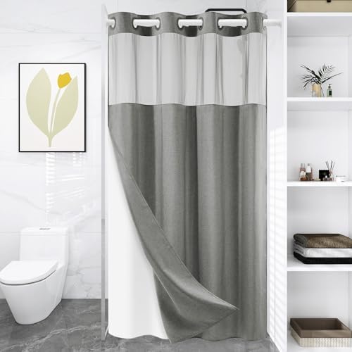 WONICY Stall No Hook Shower Curtain with Snap-in Liner, Grey, 54 x 80