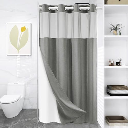 WONICY Stall No Hook Shower Curtain with Snap-in Liner, Grey, 54 x 80