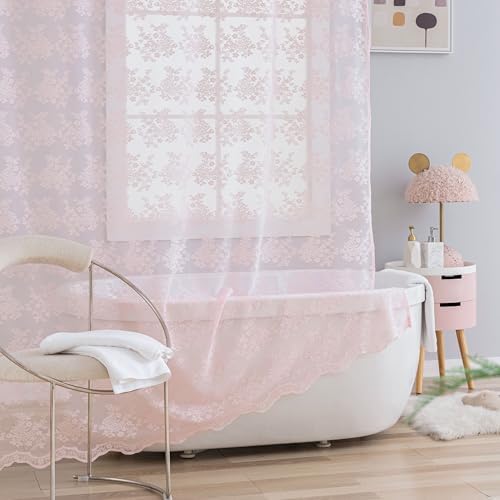 TUDECO Pink Lace Shower Curtain with Attached Valance, 72W x 84L Inch