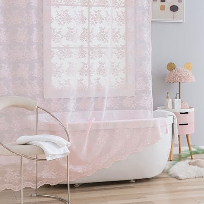 TUDECO Pink Lace Shower Curtain with Attached Valance, 72W x 84L Inch
