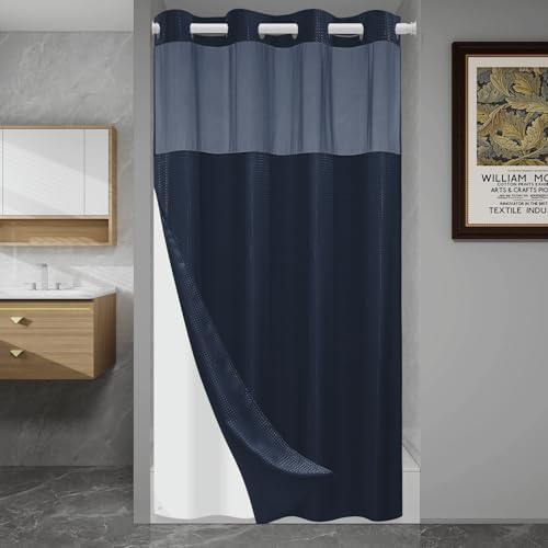 No Hook Waffle Shower Curtain with Snap in Liner Set, 54x80, Navy Blue