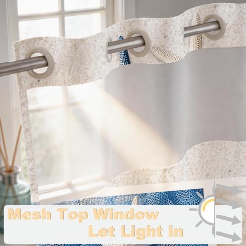 White Abstract Beach Theme No Hook Waffle Weave Shower Curtain with Snap in Liner Summer Ocean Coastal Nautical Modern Bathroom Decor Set 72 W x 74 H Inch Blue