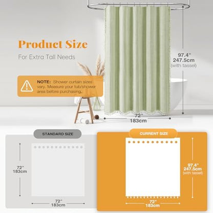 BTTN 72x96 Extra Long Boho Linen Heavy Duty Shower Curtain Set, Sage Green
