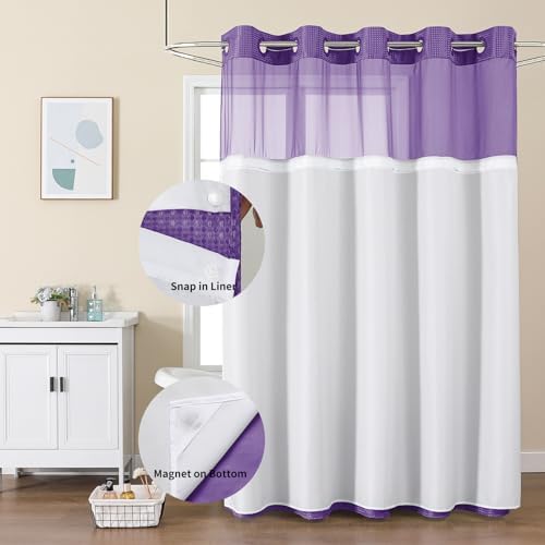 Colorful Star Purple No Hook Waffle Shower Curtain with Liner, 72"W x 75"L