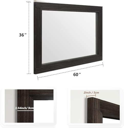 YOSHOOT Hand-Made Wooden Spliced Wall Mirror for Bathroom, Rustic Farmhouse Vanity Mirror, Décor Wall Art, Solid Wood Frame, Vertical or Horizontal Hanging, 60" x 36", Black