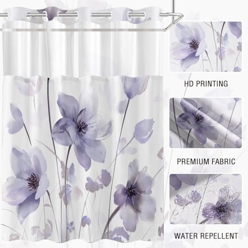 No Hook Shower Curtain and Liner Set, Purple Boho Floral 71x84