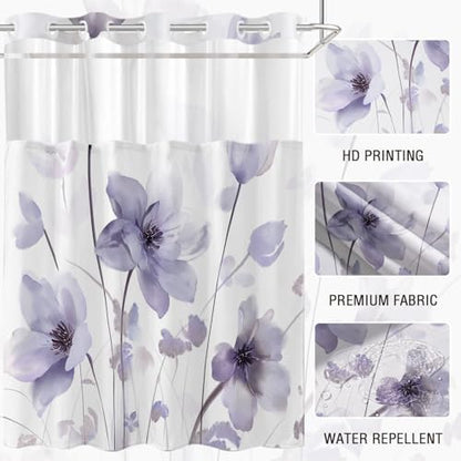 No Hook Shower Curtain and Liner Set, Purple Boho Floral 71x84